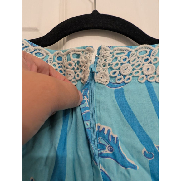 Women's Vintage Lilly Pulitzer Mini Dress Size 10 Blue White Seahorse Print Lace - Picture 7 of 10